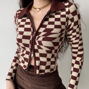 PELLUCID Irregular Checker Double Zipper Cardigan